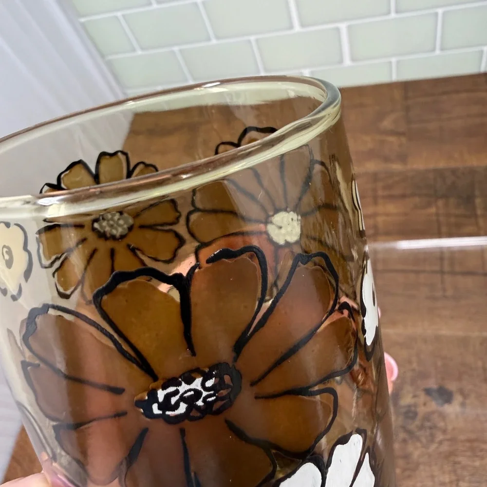 Vintage 1970s Libbey Camellia Tawny Glass Floral Tumblers - Set of 2